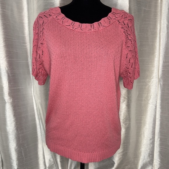 Haband Pink Crochet Knit Acrylic Wide Crew Neck Short Sleeve Sweater Women’s M - Picture 2 of 8
